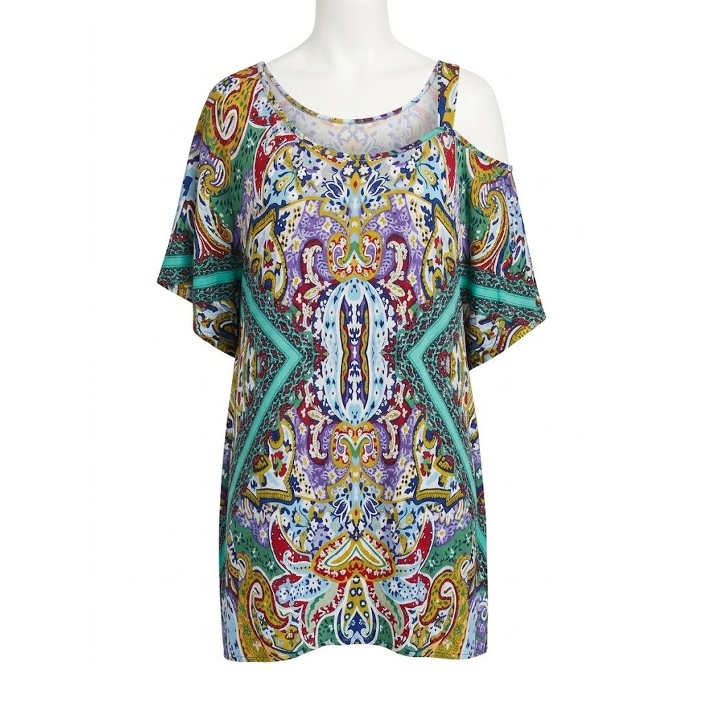 Fiorella Rubino Tunic Womens Multicolor Paisley Cold Shoulder Boho Mosaic Print